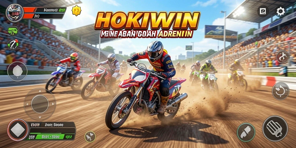 Screenshot HOKIWIN yang menunjukkan aksi balap mendebarkan di trek.