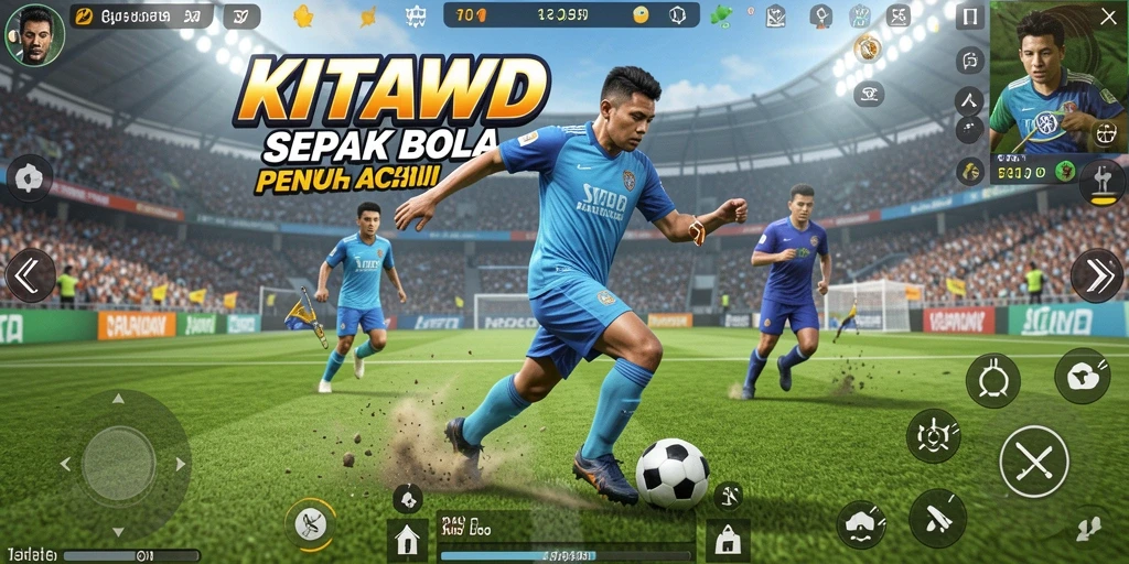 Tangkapan layar gameplay KITAWD menunjukkan aksi seru di lapangan sepak bola.