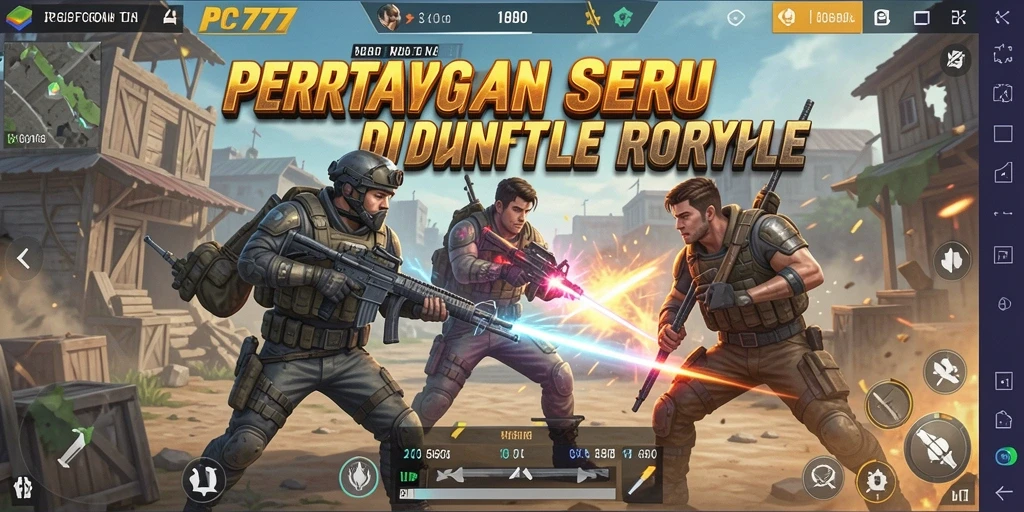 Screenshot gameplay PC777 menampilkan pertempuran seru dalam arena Battle Royale.