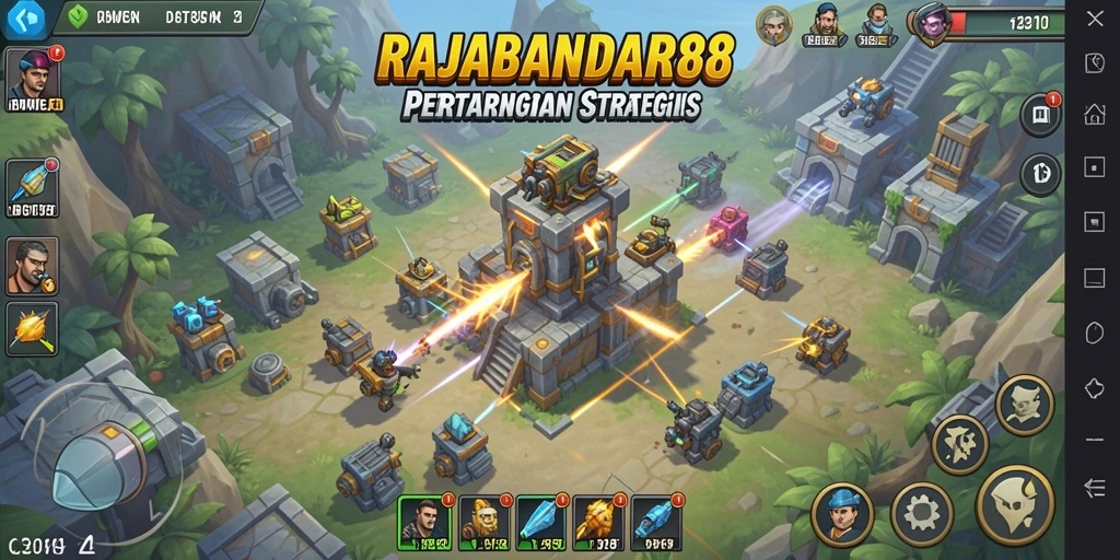 Tampilan gameplay menarik dari RAJABANDAR88 saat menara menghadapi gelombang musuh.