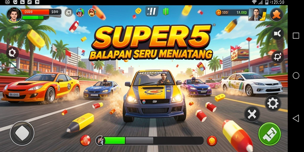 Tampilan gameplay utama SUPER5 dengan aksi balapan seru