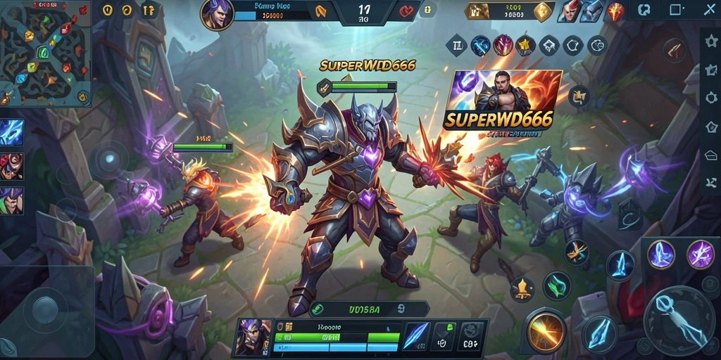 Screenshot gameplay SUPERWD666 menunjukkan aksi pertempuran seru di arena.